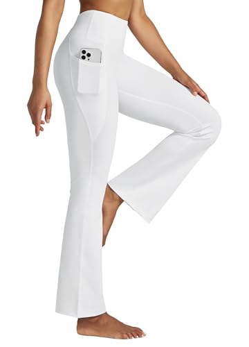 WILLIT Yogahose Damen Flare Leggings Sporthose Bauchkontrolle Jogginghose Bootcut High Waist Schlaghose Arbeitshose Stretch mit Taschen 31 Zoll Weiß 3XL von WILLIT