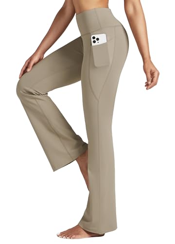 WILLIT Yogahose Damen Flare Leggings Sporthose Bauchkontrolle Jogginghose Bootcut High Waist Schlaghose Arbeitshose Stretch mit Taschen 29 Zoll Hellbraun XXL von WILLIT