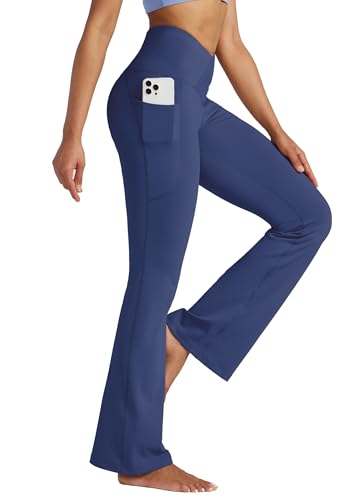 WILLIT Yogahose Damen Flare Leggings Jogginghose Hohe Taille Bootcut Bauchkontrolle Sporthose Büro Stretch Hose Elegante Schlaghose Workout Leggings mit Taschen 29" Blau L von WILLIT