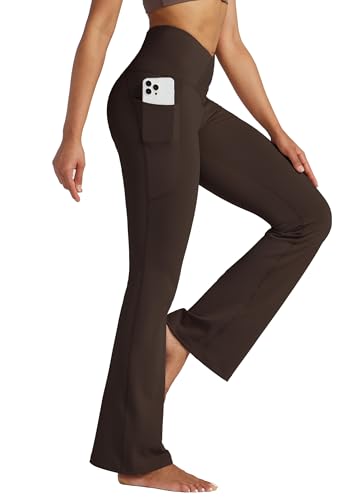 WILLIT Yogahose Damen Flare Leggings Jogginghose Hohe Taille Bootcut Bauchkontrolle Sporthose Büro Stretch Hose Elegante Schlaghose Workout Leggings mit Taschen 29" Dunkelbraun XL von WILLIT