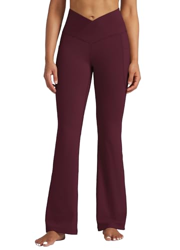 WILLIT Yogahose Damen Flare Leggings Jogginghose Hohe Taille Bootcut Bauchkontrolle Sporthose Büro Stretch Hose Elegante Schlaghose Workout Leggings mit Taschen 29" Weinrot XL von WILLIT