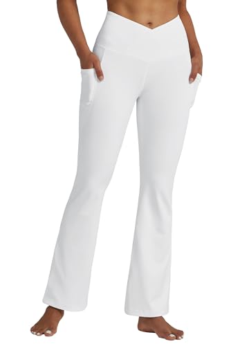 WILLIT Yogahose Damen Flare Leggings Jogginghose Hohe Taille Bootcut Bauchkontrolle Sporthose Büro Stretch Hose Elegante Schlaghose Workout Leggings mit Taschen 29" Weiß M von WILLIT
