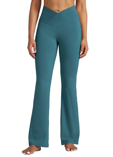 WILLIT Yogahose Damen Flare Leggings Jogginghose Hohe Taille Bootcut Bauchkontrolle Sporthose Büro Stretch Hose Elegante Schlaghose Workout Leggings mit Taschen 31" Grün L von WILLIT