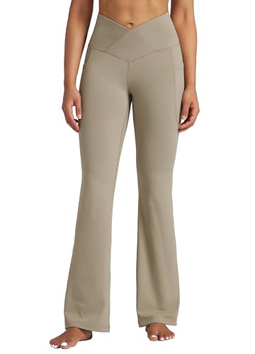WILLIT Yogahose Damen Flare Leggings Jogginghose Hohe Taille Bootcut Bauchkontrolle Sporthose Büro Stretch Hose Elegante Schlaghose Workout Leggings mit Taschen 31" Hellbraun S von WILLIT