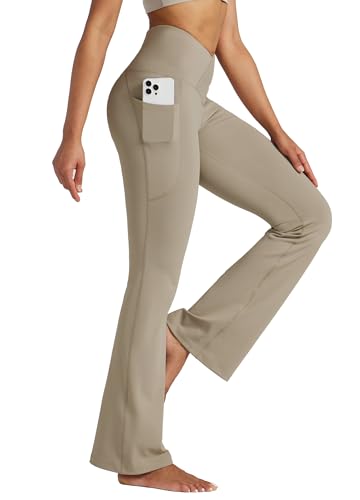 WILLIT Yogahose Damen Flare Leggings Jogginghose Hohe Taille Bootcut Bauchkontrolle Sporthose Büro Stretch Hose Elegante Schlaghose Workout Leggings mit Taschen 31" Hellbraun XXL von WILLIT