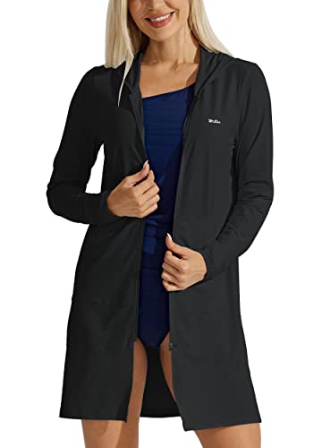 Willit Damen UPF 50+ Strand Cover Up Sonnenschutz Hoodie Lange Jacke LSF Strand Badeshirt Leicht, Schwarz, Groß von WILLIT