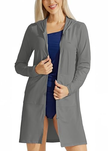 Willit Damen UPF 50+ Strand Cover Up Sonnenschutz Hoodie Lange Jacke LSF Strand Schwimmshirt Leicht, Grau dunkel, Small von WILLIT