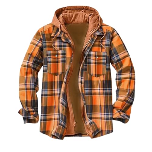 WILMOT Hemdjacke Kariertes Herren hoodies Flanelljacke Warm Thermohemd Herren Holzfäller Jacke Verdicken Freizeitjacke kariert coat Langarm mit Reißverschluss FleeceFutter Winterjacke(Orange,3XL) von WILMOT