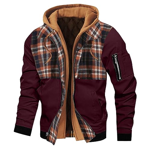 WILMOT Softshelljacke Herren Outdoor Fleecefutter Kariert Drucken Jacke mit Reißverschlusstaschen Warme Winddichte Winterjacke mit Kapuze Casual Fleecejacke für Männer Wandern Bomberjacke(Red,XXL) von WILMOT