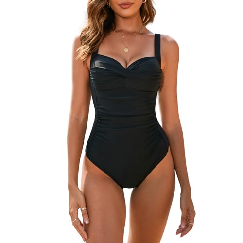 WIN.MAX Badeanzug mit einteiligem Badeanzug und gerüster, gepolsterter Badebekleidung, Badeanzüge in Übergröße für Frauen Vintage Push Up Monokinis, für C bis DD Tasse(EU46 von WIN.MAX