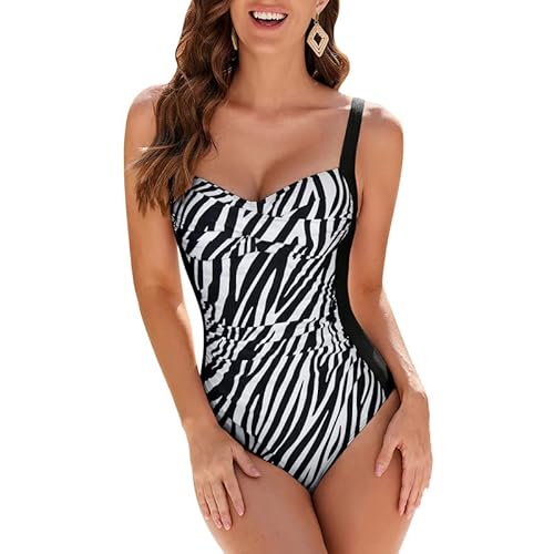 WIN.MAX Badeanzug mit einteiligem Badeanzug und gerüster, gepolsterter Badebekleidung, Badeanzüge in Übergröße für Frauen Vintage Push Up Monokinis, für C bis DD Tasse (Zebra-Druck,EU38) von WIN.MAX