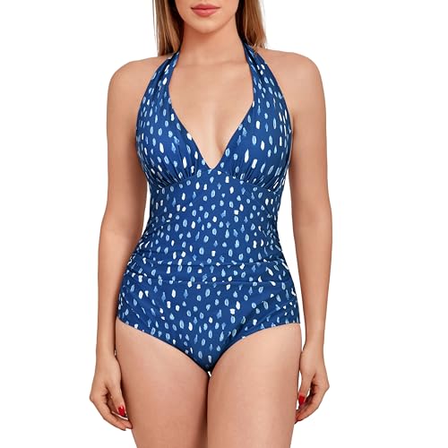 WIN.MAX Damen Große Größen Badeanzug V Ausschnitt Einteiliger Bauchweg Push Up Bademode mit Raffung Figurformend （Blue & Raindrops,EU44） von WIN.MAX