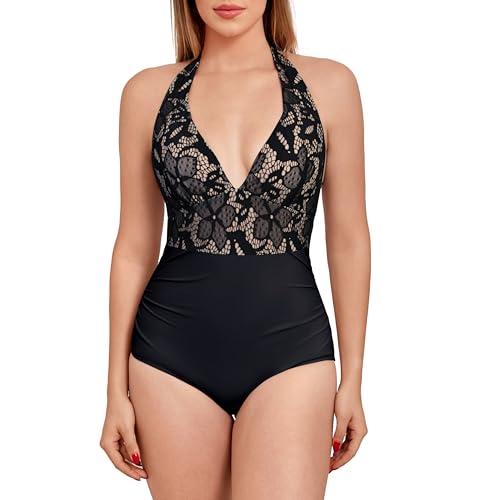 WIN.MAX Damen Große Größen Badeanzug V Ausschnitt Einteiliger Bauchweg Push Up Bademode mit Raffung Figurformend （Lace Flowers,EU44） von WIN.MAX