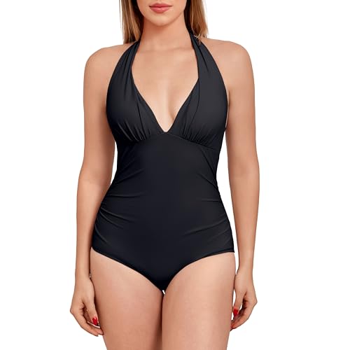 WIN.MAX Damen Große Größen Badeanzug V Ausschnitt Einteiliger Bauchweg Push Up Bademode mit Raffung Figurformend （Schwarz,EU44） von WIN.MAX