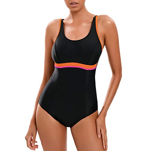 WIN.MAX Damen Sport Einteiliger Badeanzug Racerback Badeanzug Body Shaping Bademode (Schwarz & Orange,EU42) von WIN.MAX