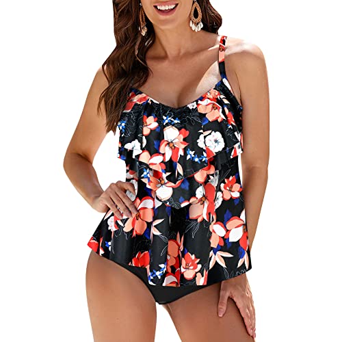 WIN.MAX Damen Tankini Bademoden Sets Hohe Taille Rüschen Volant 2 Stück Bikini Set Schwimmkostüm Plus Size Badeanzug(Birnenblume,EU42) von WIN.MAX