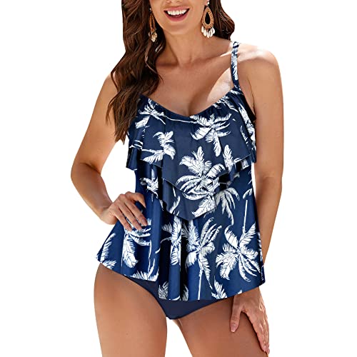 WIN.MAX Damen Tankini Bademoden Sets Hohe Taille Rüschen Volant 2 Stück Bikini Set Schwimmkostüm Plus Size Badeanzug(Kokosnussbaum,EU40) von WIN.MAX