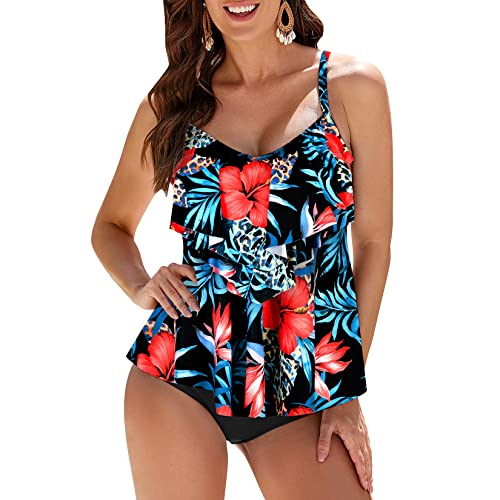 WIN.MAX Damen Tankini Bademoden Sets Hohe Taille Rüschen Volant 2 Stück Bikini Set Schwimmkostüm Plus Size Badeanzug（Roter Hibiskus，EU42 von WIN.MAX