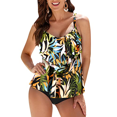 WIN.MAX Damen Tankini Bademoden Sets Hohe Taille Rüschen Volant 2 Stück Bikini Set Schwimmkostüm Plus Size Badeanzug(Tropische Blätter,EU42) von WIN.MAX