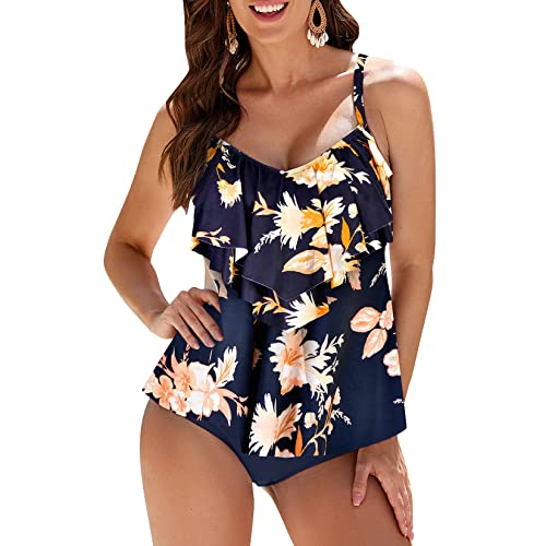 WIN.MAX Damen Tankini Bademoden Sets Hohe Taille Rüschen Volant 2 Stück Bikini Set Schwimmkostüm Plus Size Badeanzug(Wilde Rose,EU40) von WIN.MAX