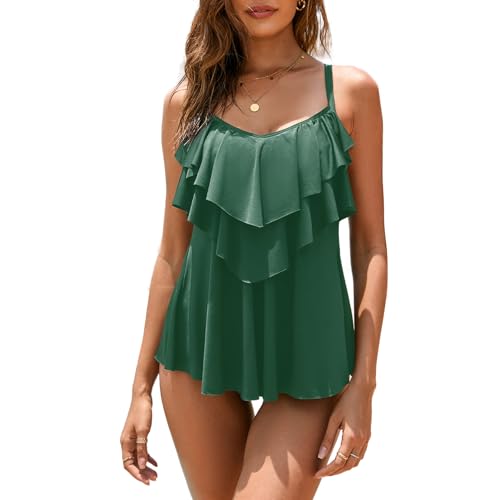 WIN.MAX Damen Tankini Bademoden Sets Hohe Taille Rüschen Volant 2 Stück Bikini Set Schwimmkostüm Plus Size Badeanzug (Türkisgrün,EU42) von WIN.MAX