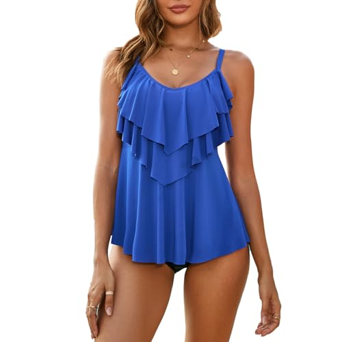 WIN.MAX Damen Tankini Bauchweg Bedruckter Badeanzug Zweiteiler Bikini Sets Push Up Swimsuit Gepolsterte Bademode Beachwear (Blau, EU42) von WIN.MAX