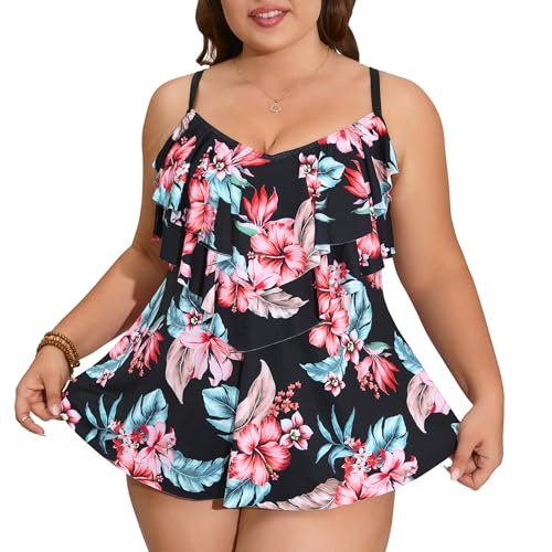 WIN.MAX Damen Tankini Bauchweg Bedruckter Badeanzug Zweiteiler Bikini Sets Push Up Swimsuit Gepolsterte Bademode Beachwear (Blume & Schwarz, EU40) von WIN.MAX