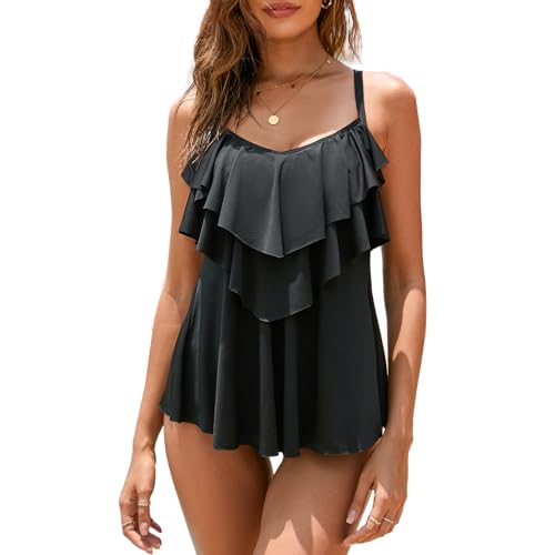 WIN.MAX Damen Tankini Bauchweg Bedruckter Badeanzug Zweiteiler Bikini Sets Push Up Swimsuit Gepolsterte Bademode Beachwear (Schwarz, EU34) von WIN.MAX