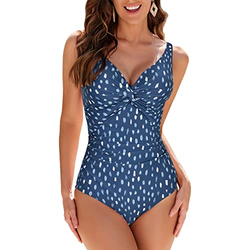 WIN.MAX Schwimmkostüm für Frauen Badeanzug Damen Bademode Bauchkontrolle Rüschen Damen Retro Einteiliger Badeanzug,für D bis G Tasse(Blau & Regentropfen,EU38) von WIN.MAX