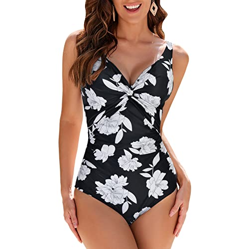 WIN.MAX Schwimmkostüm für Frauen Badeanzug Damen Bademode Bauchkontrolle Rüschen Damen Retro Einteiliger Badeanzug,für D bis G Tasse（Monochrome Flora,EU38 von WIN.MAX