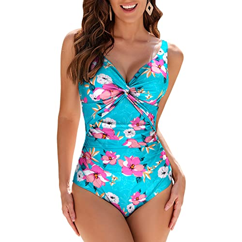 WIN.MAX Schwimmkostüm für Frauen Badeanzug Damen Bademode Bauchkontrolle Rüschen Damen Retro Einteiliger Badeanzug,für D bis G Tasse(Rosa Blume & Grün,EU40) von WIN.MAX