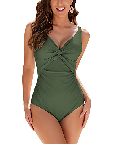 WIN.MAX Schwimmkostüm für Frauen Badeanzug Damen Bademode Bauchkontrolle Rüschen Damen Retro Einteiliger Badeanzug,für D bis G Tasse (Grün, EU44) von WIN.MAX