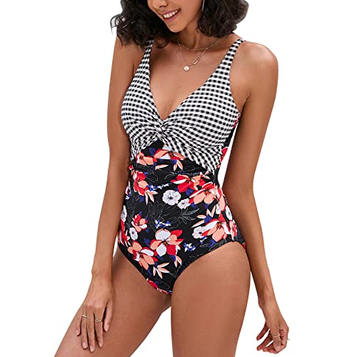 WIN.MAX Schwimmkostüm für Frauen Badeanzug Damen Bademode Bauchkontrolle Rüschen Damen Retro Einteiliger Badeanzug,für D bis G Tasse (Plaid & Orangenblüte, EU44) von WIN.MAX