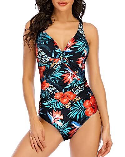 WIN.MAX Schwimmkostüm für Frauen Badeanzug Damen Bademode Bauchkontrolle Rüschen Damen Retro Einteiliger Badeanzug,für D bis G Tasse (Tropische Blume, EU44) von WIN.MAX