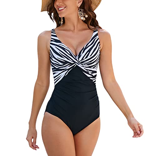 WIN.MAX Schwimmkostüm für Frauen Badeanzug Damen Bademode Bauchkontrolle Rüschen Damen Retro Einteiliger Badeanzug,für D bis G Tasse (Zebra-Druck, EU38) von WIN.MAX