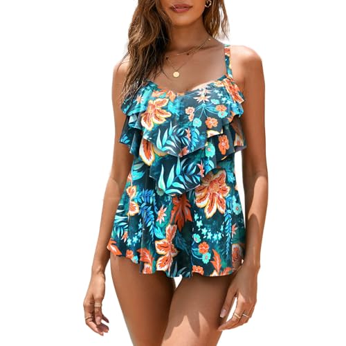 WIN.MAX Tankini Damen Bauchweg Zweiteilig Tankini Sets Badeanzug mit Shorts Oberteil Bademode Große Größen (Grüne Blüte,EU40) von WIN.MAX