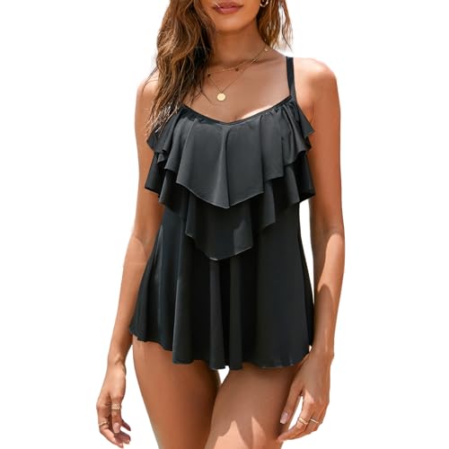 WIN.MAX Tankini Damen Bauchweg Zweiteilig Tankini Sets Badeanzug mit Shorts Oberteil Bademode Große Größen (Schwarz,EU46) von WIN.MAX