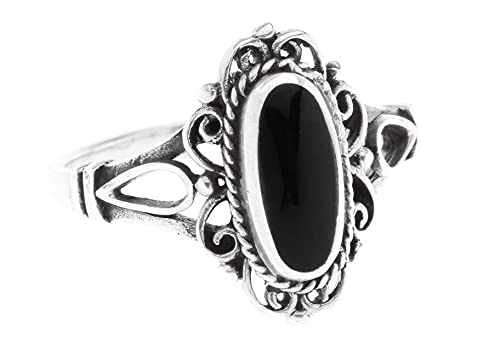 Windalf Gothik Damen Ring Alisa 1.4 cm Mittelalter Vintage Silberring mit schwarzem Onyx Indie Midi Ring Festival Silberschmuck 925 Sterlingsilber (Silber, 54 (17.2)) von Windalf