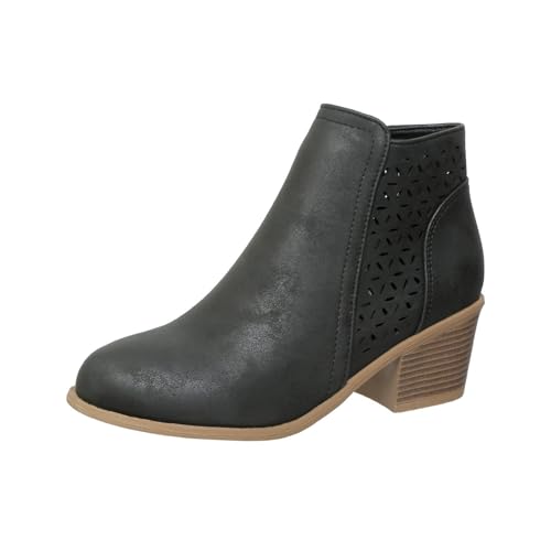 Damen Chunky Mid Heel Slip On Leder Orthopädische Stiefeletten Retro Western Spitz Toe Hohl Chelsea Boots Chunky Heel Cowboystiefel, Schwarz , 46 EU von WINDEHAO