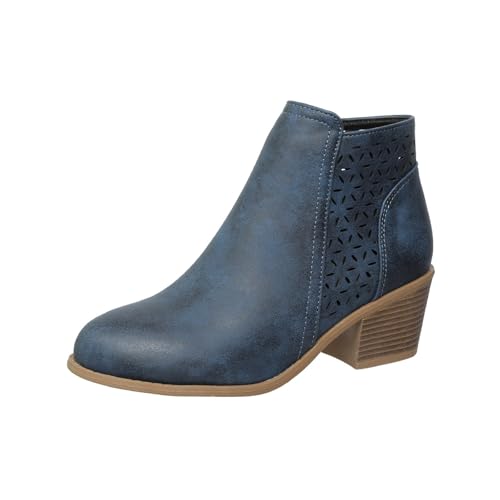 Damen Chunky Mid Heel Slip On Leder Orthopädische Stiefeletten Retro Western Spitz Toe Hohl Chelsea Boots Chunky Heel Cowboystiefel, blau, 46 EU von WINDEHAO