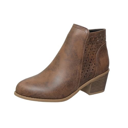 Damen Chunky Mid Heel Slip On Leder Orthopädische Stiefeletten Retro Western Spitz Toe Hohl Chelsea Boots Chunky Heel Cowboystiefel, braun, 46 EU von WINDEHAO