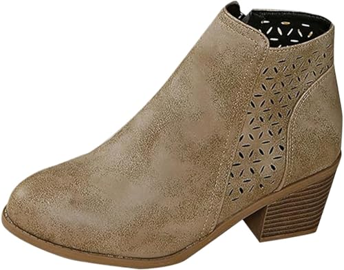 Damen Chunky Mid Heel Slip On Leder Orthopädische Stiefeletten Retro Western Spitz Toe Hohl Chelsea Boots Chunky Heel Cowboystiefel, khaki, 46 EU von WINDEHAO