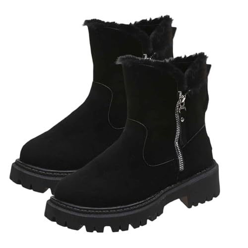 Damen Fashion Plain Side Zipper Design Thick Plush Snow Boot Warm Winter Brown Suede Platform Snow Boots Leopard Print Ankle Boots, Schwarz , 46 EU von WINDEHAO