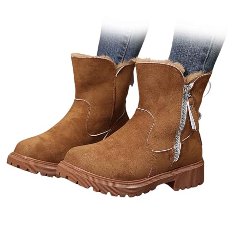 Damen Fashion Plain Side Zipper Design Thick Plush Snow Boot Warm Winter Brown Suede Platform Snow Boots Leopard Print Ankle Boots, braun, 46 EU von WINDEHAO