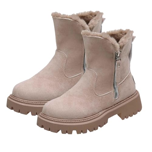 Damen Fashion Plain Side Zipper Design Thick Plush Snow Boot Warm Winter Brown Suede Platform Snow Boots Leopard Print Ankle Boots, khaki, 46 EU von WINDEHAO