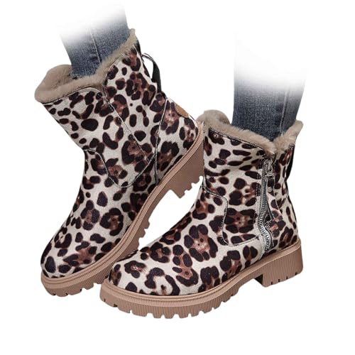 Damen Fashion Plain Side Zipper Design Thick Plush Snow Boot Warm Winter Brown Suede Platform Snow Boots Leopard Print Ankle Boots, leopardenmuster, 46 EU von WINDEHAO