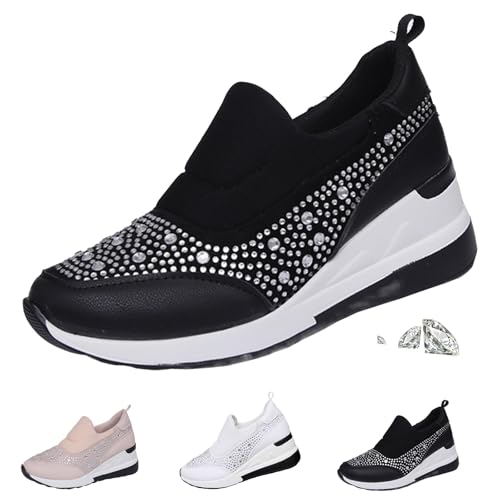 Damen Glitzer Strass Mode Atmungsaktive Keil-Sneaker Sparkly Strass Wedge Sneaker Bequeme Slip on Walking Schuhe, Schwarz , 44 EU von WINDEHAO
