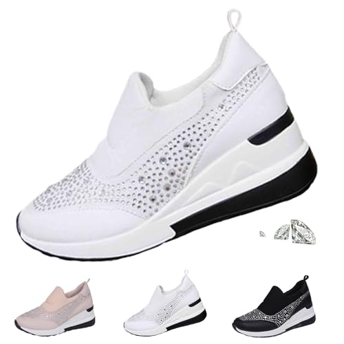 Damen Glitzer Strass Mode Atmungsaktive Keil-Sneaker Sparkly Strass Wedge Sneaker Bequeme Slip on Walking Schuhe, weiß, 44 EU von WINDEHAO