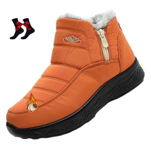 Damen Isolierte Schneestiefel Wasserdicht Rutschfest Pelz Gefüttert Bequem Warm Winter Fleece Verdickte Warme Flache Knöchel Booties, Orange, 46 EU von WINDEHAO