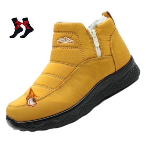 Damen Isolierte Schneestiefel Wasserdicht Rutschfest Pelz Gefüttert Bequem Warm Winter Fleece Verdickte Warme Flache Knöchel Booties, gelb, 46 EU von WINDEHAO